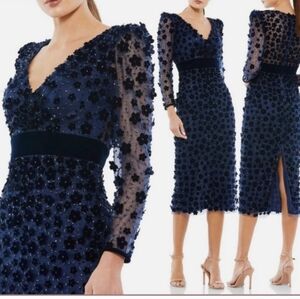 Mac Duggal Navy Embellished VNeck Illusion Long Sleeve ColumnMidi SZ 20 NWT